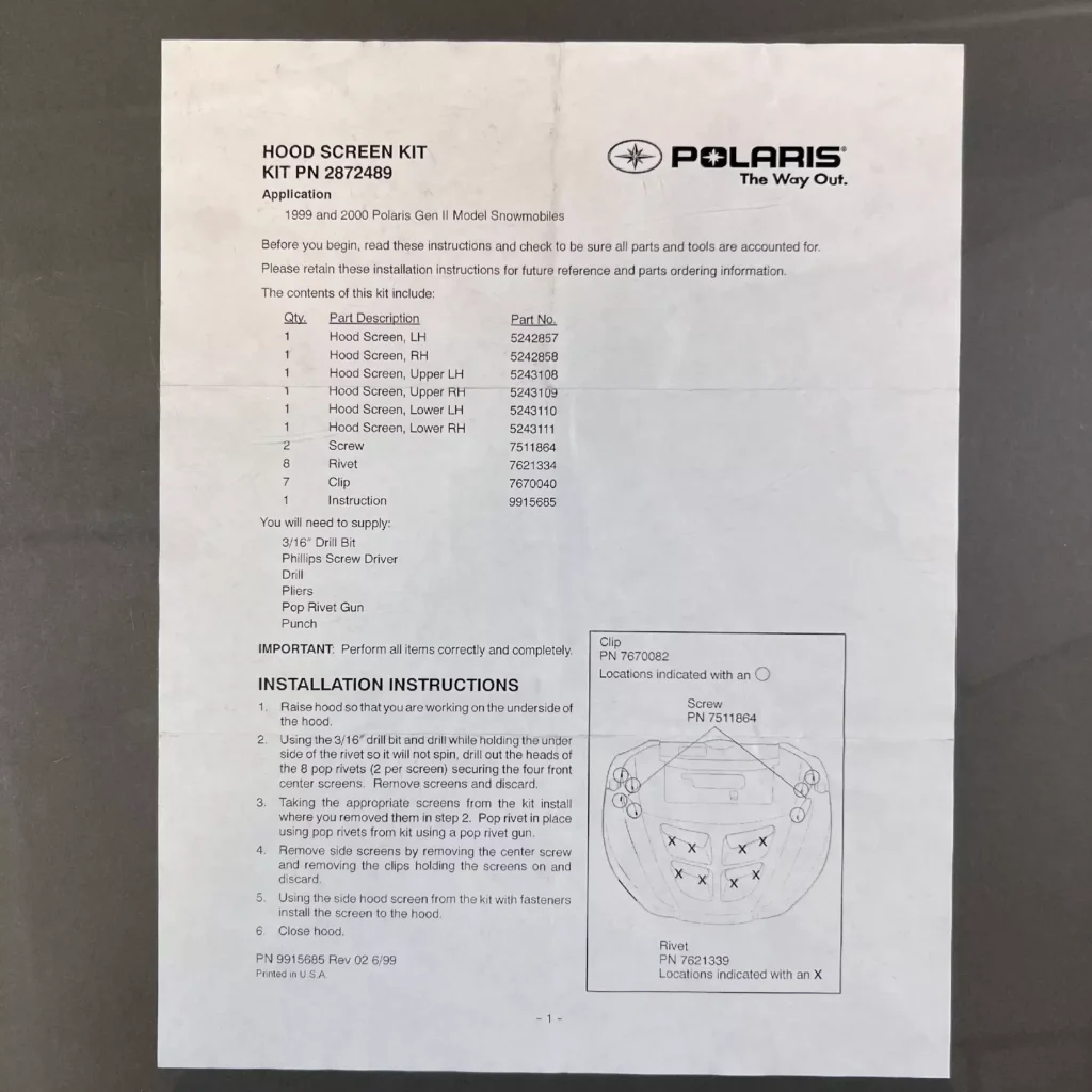 Polaris 2872489-293 - Hood Screen Kit  , GEN-II