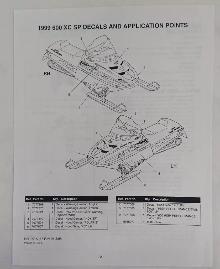 Polaris 2201352 - 1999 600 XC SP