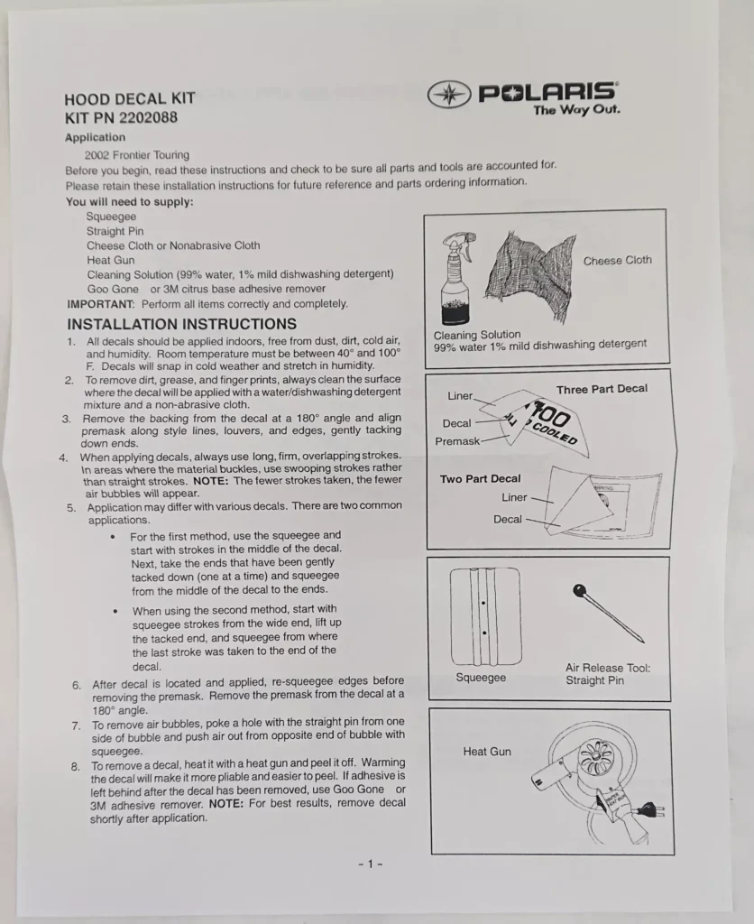 Polaris 2202088 - HOOD DECAL, 02 FRONTIER/TRG