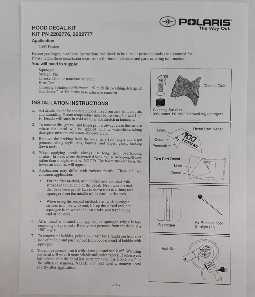 Polaris 2202776 - kit 2005 hood decal, 05 fusion