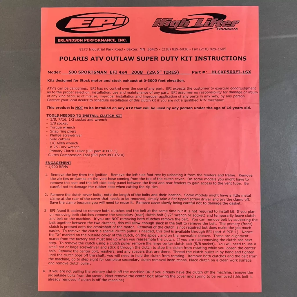HIGH LIFTER HLCKP500FI-1-SX - Variator Kit - POLARIS 500 SP HO EFI