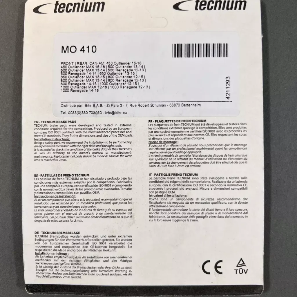 Tecnium MO410 - Brake pads - Can-Am